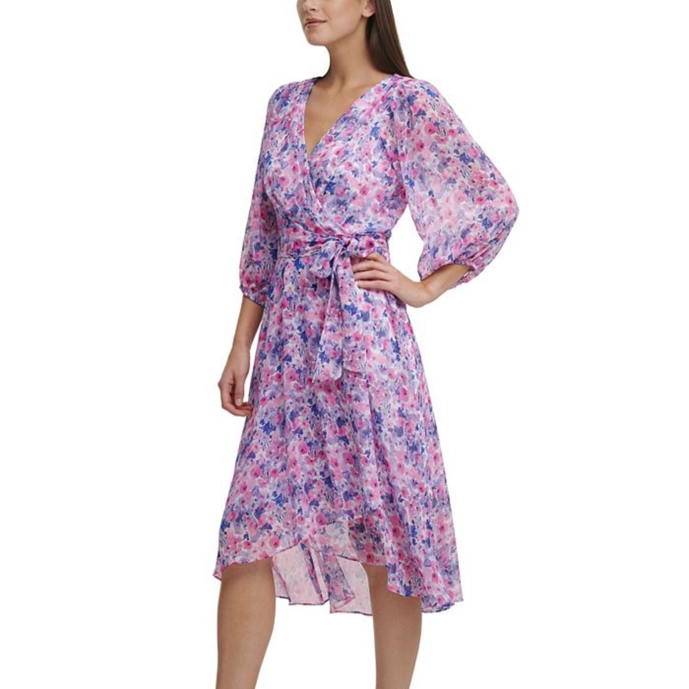 DKNY Purple and Pink Floral Wrap Midi Dress